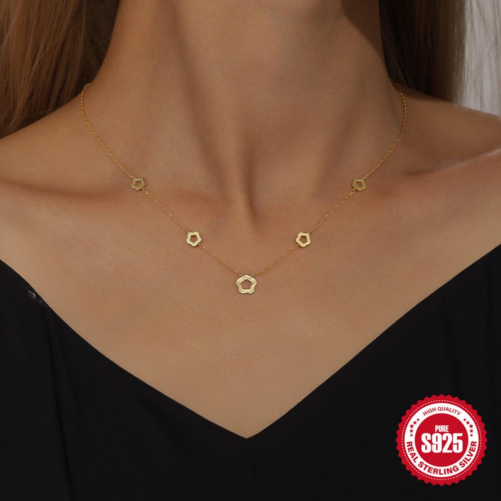 Fashion S925 Sterling Silver Five-Petaled Flower Stacked Wearing Stacked Classic Versatile Ladies Clavicle Necklace Women