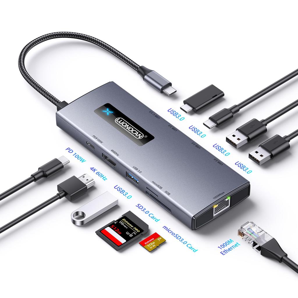Концентратор 10 в 1 LUONOACN HDMI 4K60 Гц USB 5 Гбит/с Порт передачи данных Расширение поддерживает зарядку PD Порт Ethernet 1 Гбит/с с устройством чтения карт Micro Type C Концентратор USB-C