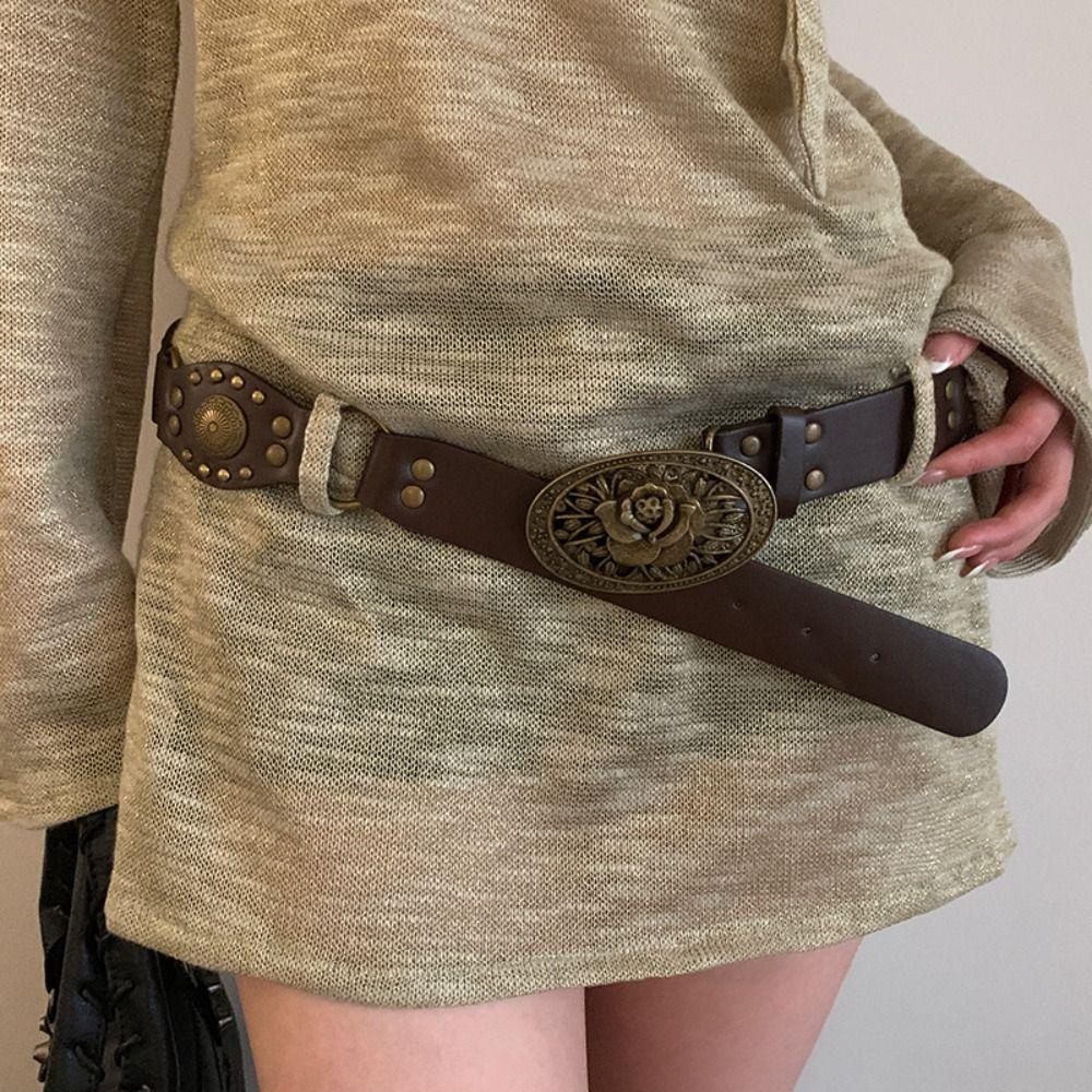 Fashion Metal Buckle PU Leather Belt Rivet Adjustable Vintage Waist Belts Hollow Wide Waistband Punk Fashion
