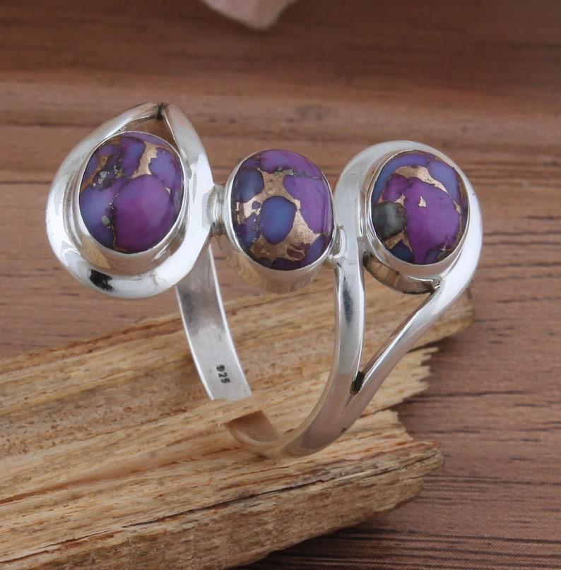 Purple Copper Turquoise Gemstone Ring Solid 925 Sterling Silver Ring Three Stone Ring Handmade Designer Ring Bohemian Ring