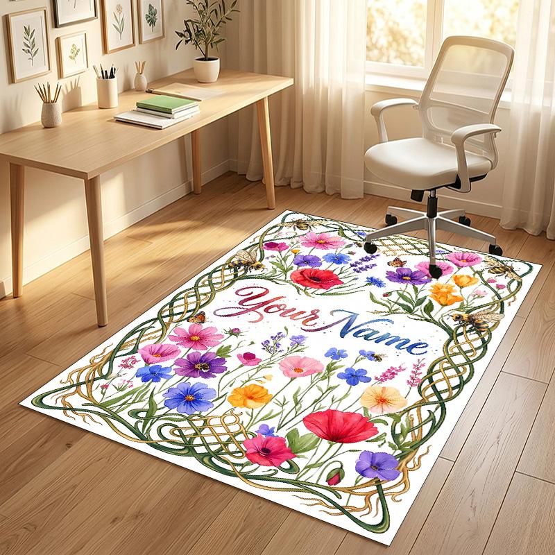 Floral Garden Theme Crystal Velvet Rug Personalized Custom Name Text Soft Floor Mat Home Decor