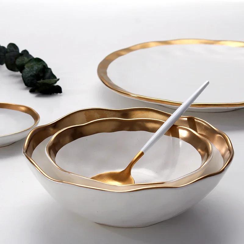Phnom Penh Céramique Plat Occidental Mat doré Assiette à steak Assiette à salade créative rétro Service d'assiettes Assiette à dessert nord-européenne