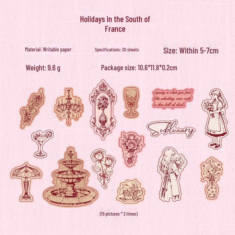 Yuxian Flowing Years Retro Sticker Pack: 30 Sheets, 4 Styles for Journals & Collages.