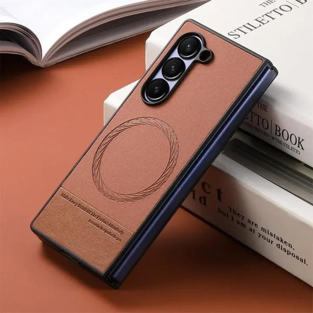 Samsung Galaxy Z Fold 7 6 5 4 3 Wireless Charging Leather Shockproof Protect Back Cover Simple Business Magnetic Phone Case