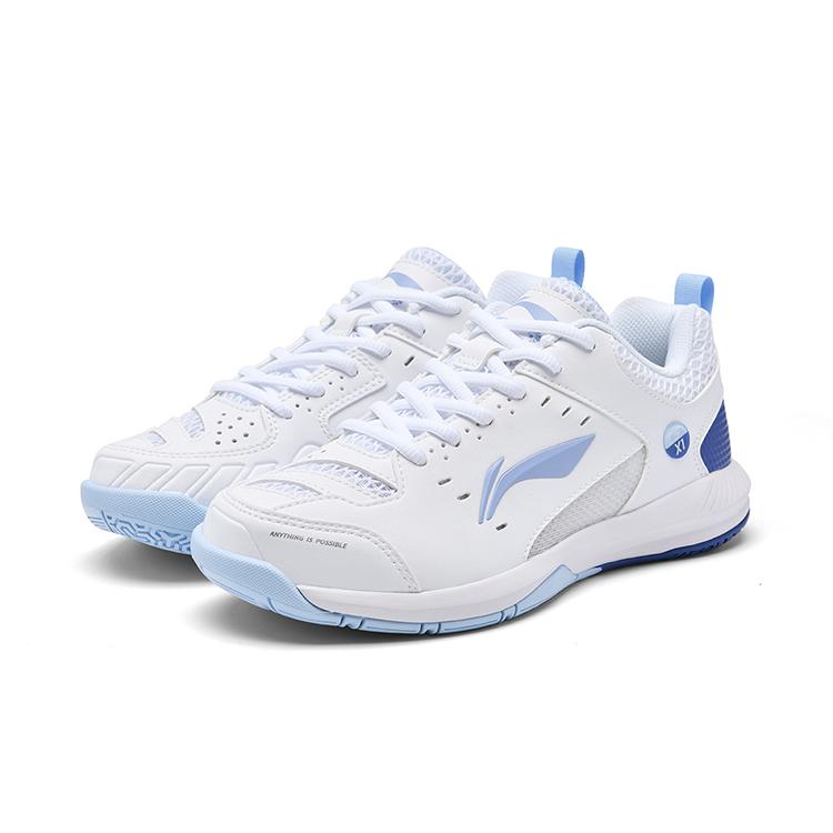 New LiNing Feather Slip Resistant, Abrasion Resistant, Waterproof Low Top Badminton Shoes Unisex White Blue AYTU049-3