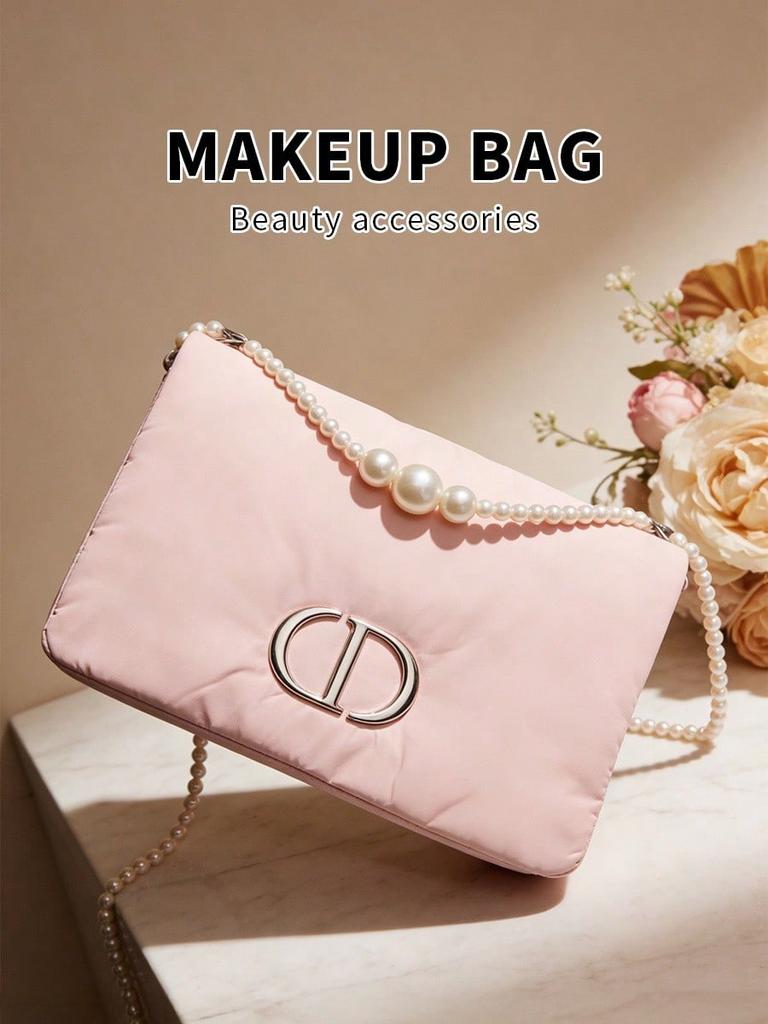 Dior DIY kosmetická taštička, přenosná růžová úložná taštička na kosmetiku s řemínkem na perlový řetízek, velkokapacitní cestovní organizér na kosmetiku pro ženy