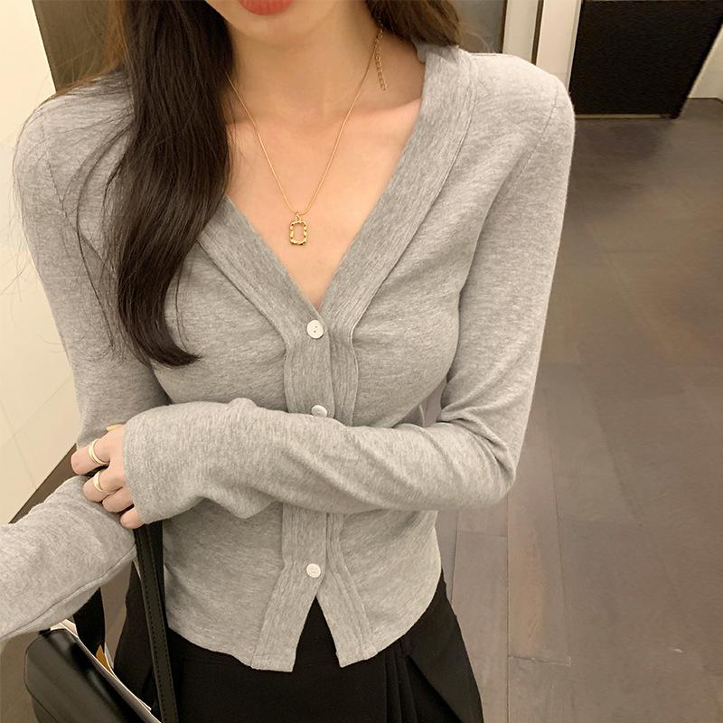 

Дизайнерский короткий вязаный кардиган с V-образным вырезом и открытой ключицей для женщин на осень и зиму, новый облегающий шикарный топ XL