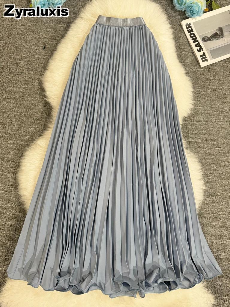 Wavy Edge Pleated Skirt High Waist Slimming Office Wear Versatile Long Dress for Women