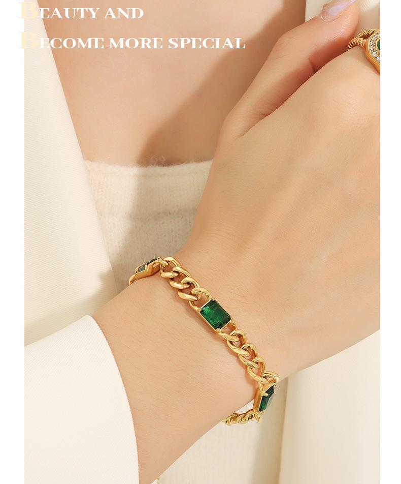 Custom Cuban Thick Chain Necklace & Bracelet Set with Green Glass Stones - Colorfast Jewelry