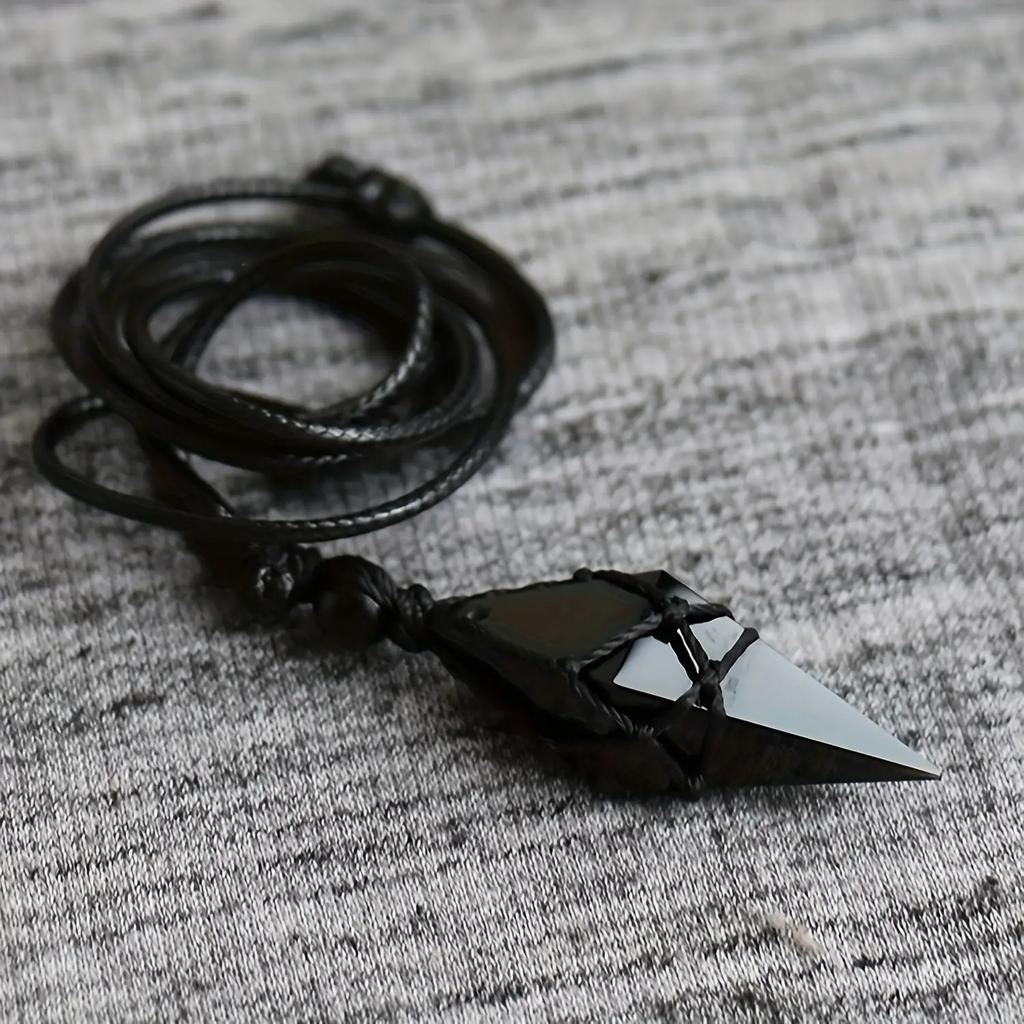 Natural Obsidian Necklace Handmade Bohemian Jewelry with Glossy Rhombus Faux Crystal Pendant Elegant and Minimalist Design for Women and Men