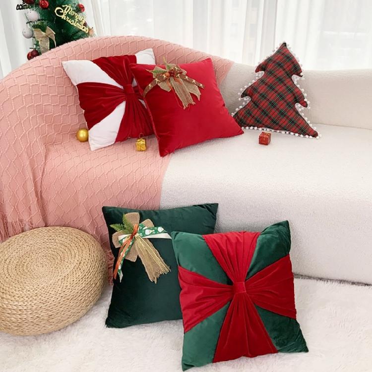 Christmas Cross Bowknot Velvet Cushion Pillow with Filler for Home Couch Sofa