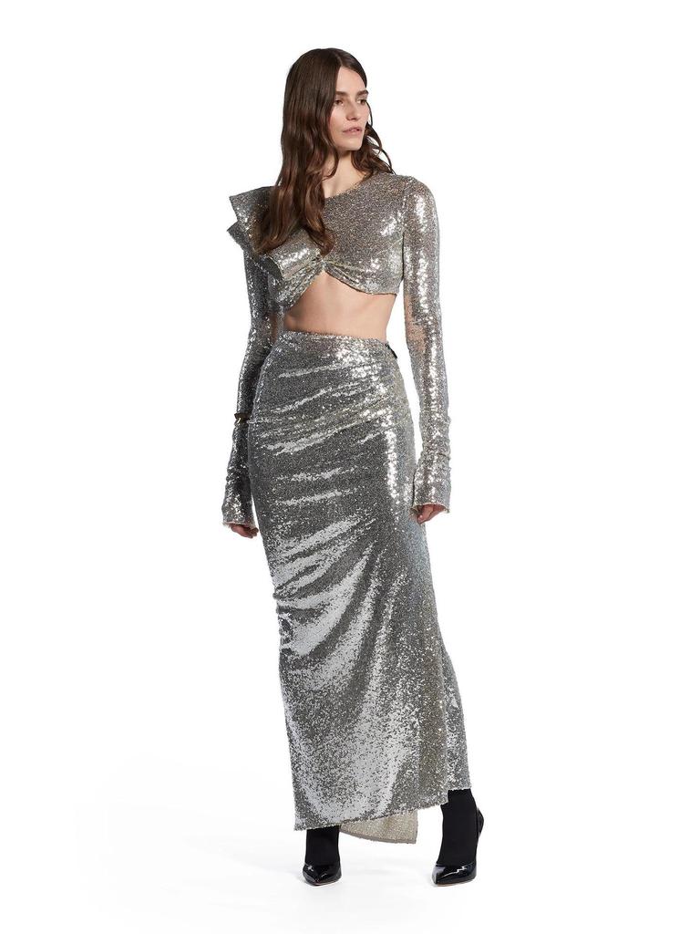 Spring and Autumn European-American Women's Two-Piece: Silver Sequin Long Skirt and Top