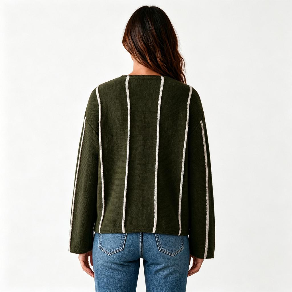 European and American contrasting colors vertical striped crew neck sweater women's 1011 new loose lazy wind pullover knitted sweater versatile top