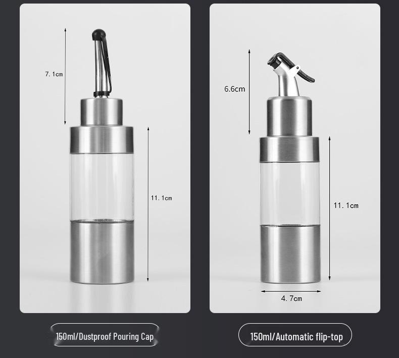 Cylindrical Stainless Steel Seasoning Bottles: Transparent Oil, Soy Sauce, and Vinegar Containers for the Kitchen.