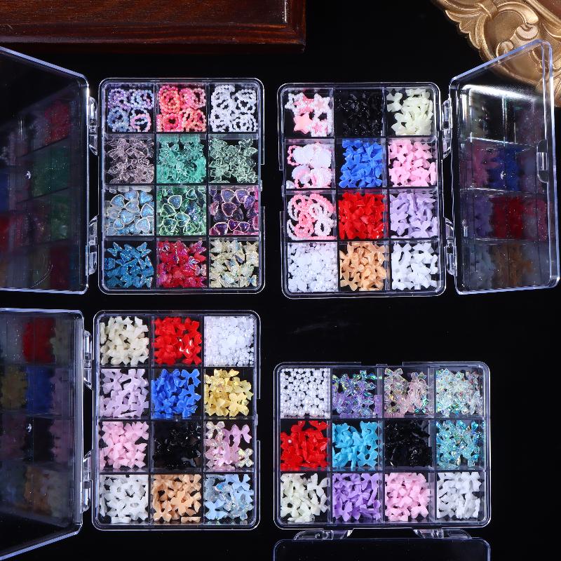 12/15 Grids/Box Mixed Resin Bowknot Nail Charms 3D Colorful Bow  Nail Art Decorations Diy Manicure Parts With Tools