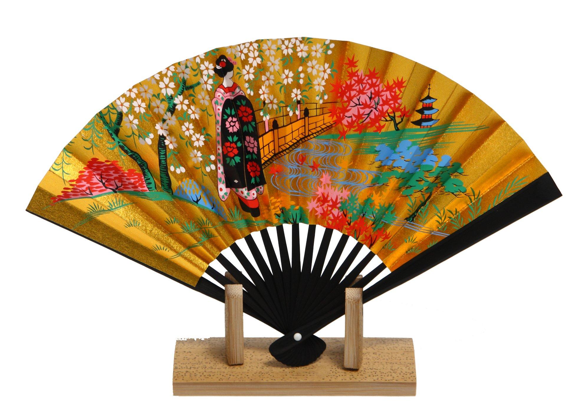 Hasegawa Kyoto Decorative Fan with Black-Dyed Ribs, Fan Stand with Base, Boxed (Maiko, 5-inch)