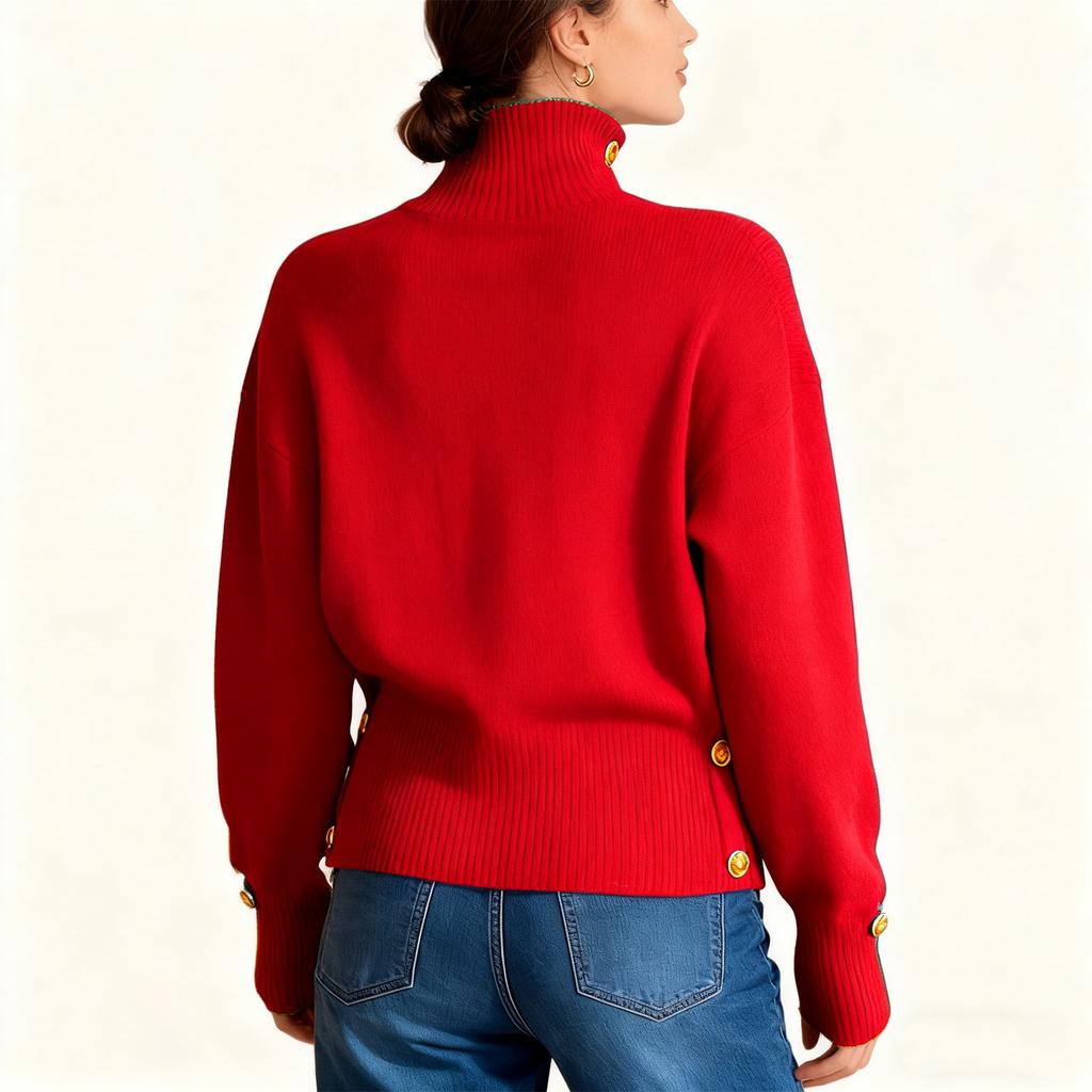 Women's Loose Comfortable Casual Fashion Knit Sweater With Buttons And High Neck