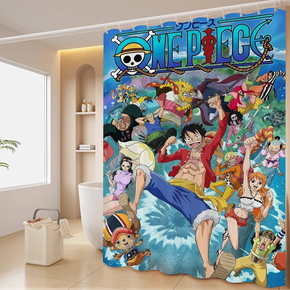 Anime O-ONE P-PIECE Shower Curtain Outdoor Scenery Summer Vacation Bathroom Decor Holiday Polyester Bath Curtain With Hooks