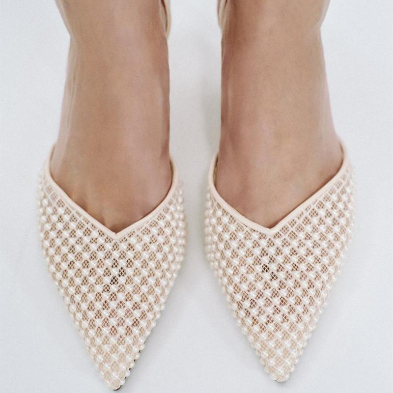 Fashion Slingback String Bead Mesh Women Pumps Sexy Pointed Toe Heeled Sandals Elegant Party Dress Designer Shoes High Heels for Ladies