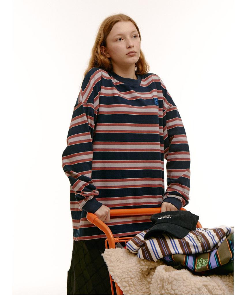 Saendeusaundeu (Unisex) Striped Long Sleeve T-Shirt Navy