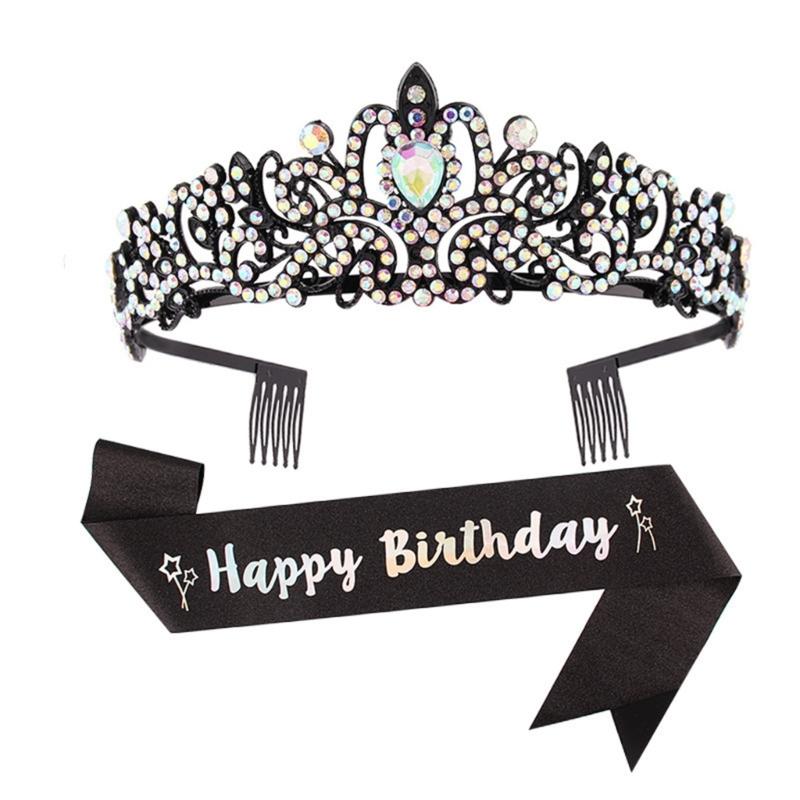 Fashionable 2pcs Rhinestones Tiaras Headband and Sash Hairpiece Hair Accesories for Women’s Birthday Party Accessories