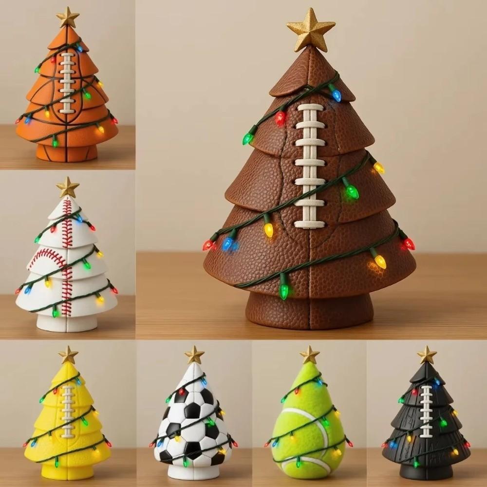 With Gold Star Football Christmas Tree Decor Rugby Basketball Baseball Merry Christmas Christmas Figurine Ornament LED Lighted