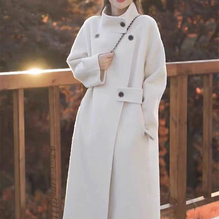 2025 Autumn/Winter Women's Hepburn-Style Stand-Collar Wool Cashmere Overcoat