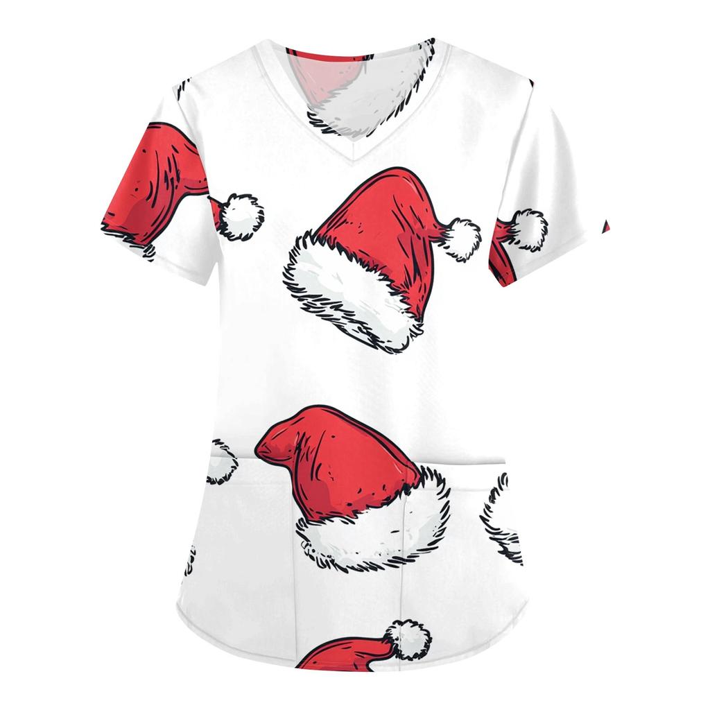 Modischer Overall mit V-Ausschnitt und kurzen Ärmeln für Damen mit Taschen und weihnachtlichem Aufdruck