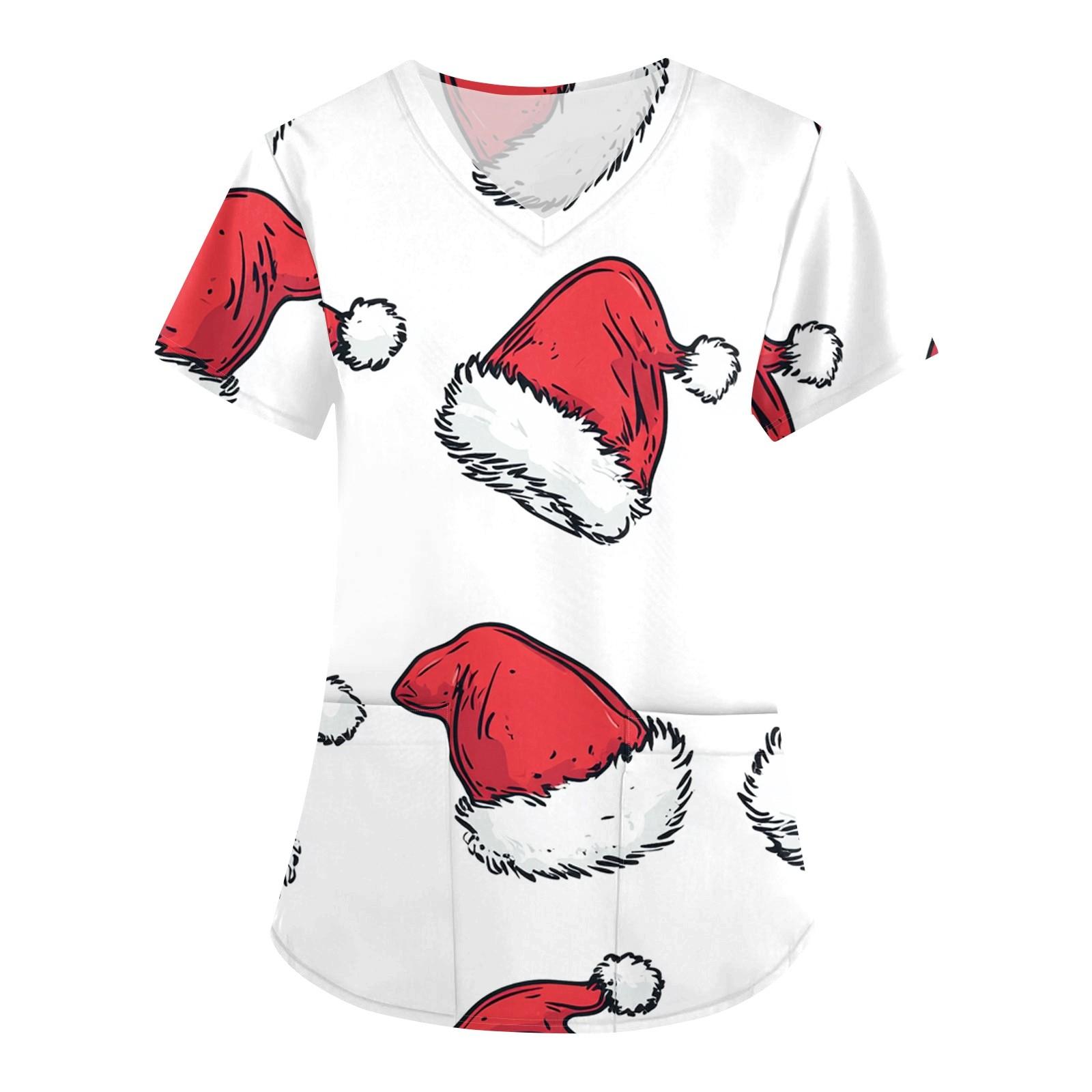 

Жіночий модний комбінезон з V-подібним вирізом і короткими рукавами з кишенями, різдвяний топ з принтом M білий