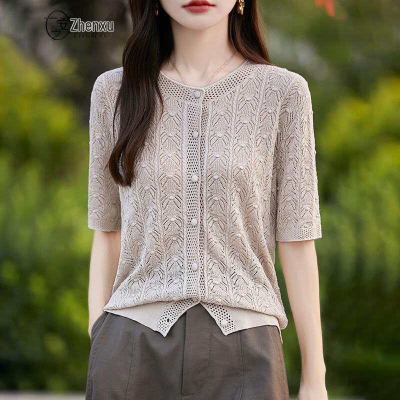 Women s 100% Tencel Round Neck Short Sleeve Crochet Top M