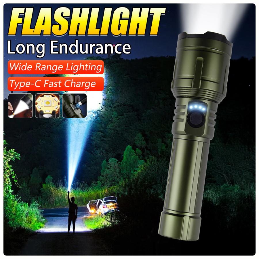 Ultra bright LED alloy flashlight with ultra-high wick illumination and rechargeable searchlight for camping emergency lighting, battery free