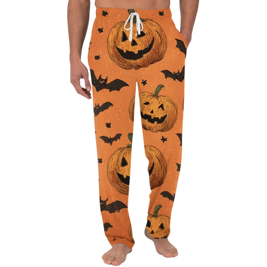 Men's Halloween Print Pocket Casual Pants with Drawstring Waistband Comfortable Fit Lounge Sleepwear Bottoms for Home Use