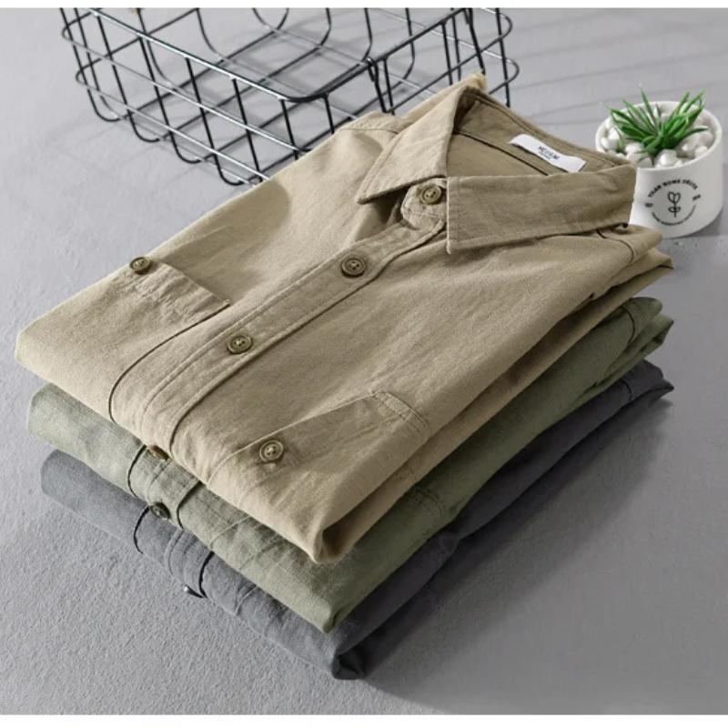 Retro Style Cargo Shirts for Men Spring/autumn Casual 100Cotton Long Sleeve Solid Color Shirt with Pocket Korean Fashion Youth Men Clothing