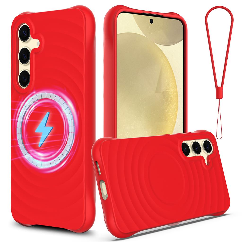 For Samsung Galaxy S25 Magnetic Case Ripple Texture Liquid Silicone Protective Cover with Strap