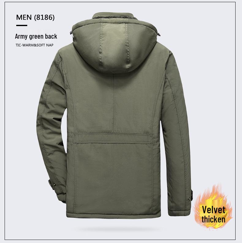 Men's Fleece-Lined Cotton Jacket: Winter Casual, Multi-Pocket, Cold-Resistant, Mid-Length Coat for Middle-Aged and Elderly