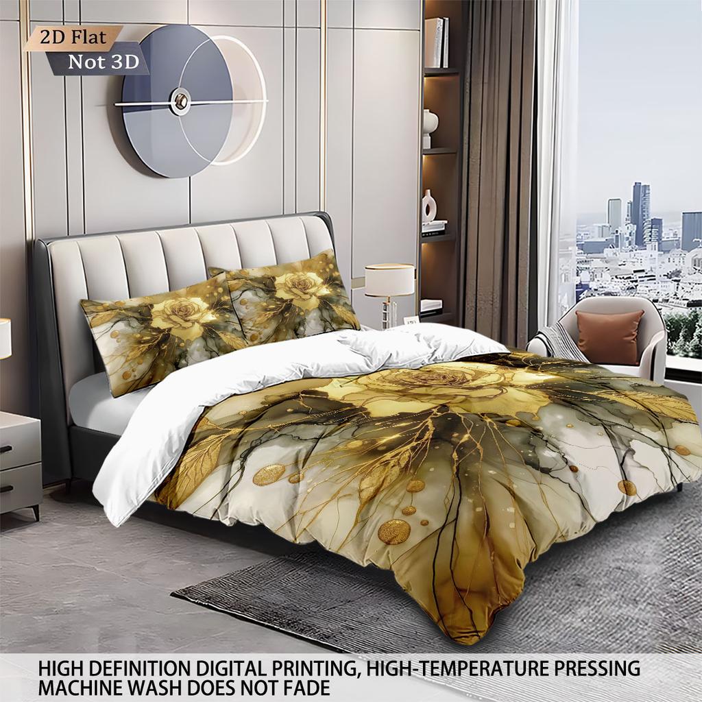 3Pcs Imitation Gilded Beautiful Floral Print Coreless Down Duvet Cover Set Multi Size Comfortable Bedroom Bedding Decoration