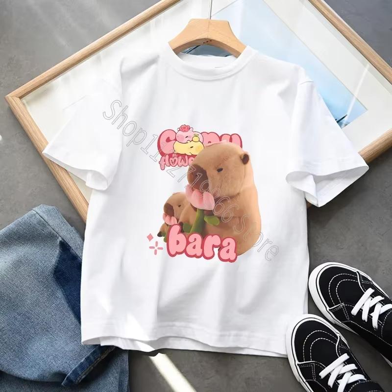Capybara Cartoon Character Print Tops Cool Comfortable Shirts Birthday Party Gifts Boys Girls Cotton T-shirt Cute Short Sleeves