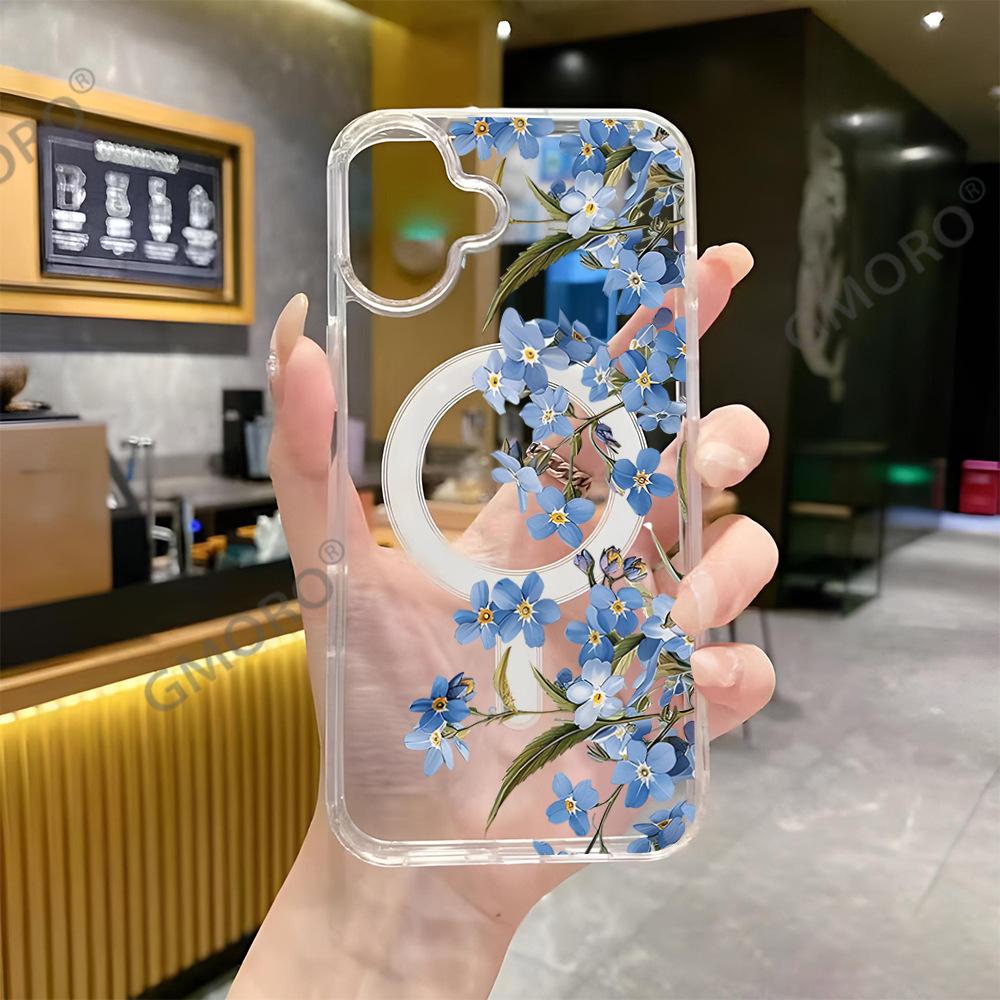 Fresh ins wind flower mobile phone case iPhone15 Alec transparent anti-drop MagSafe magnetic case Apple 17