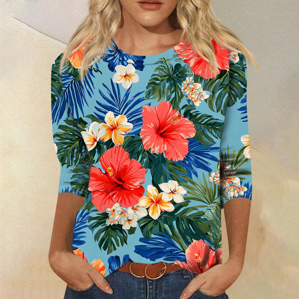 Women's Fashionable Casual Round Neck Three-quarter Sleeve Hawaiian Print T-shirt Top
