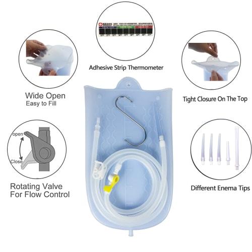 GNEGKLEAN Silicone Enema Bag Kit with 6-Foot Hose, 5 Enema Tips, Controllable Flow Valve, and Thermometer - 2-Quart Capacity Coffee Enema for Colon Cl
