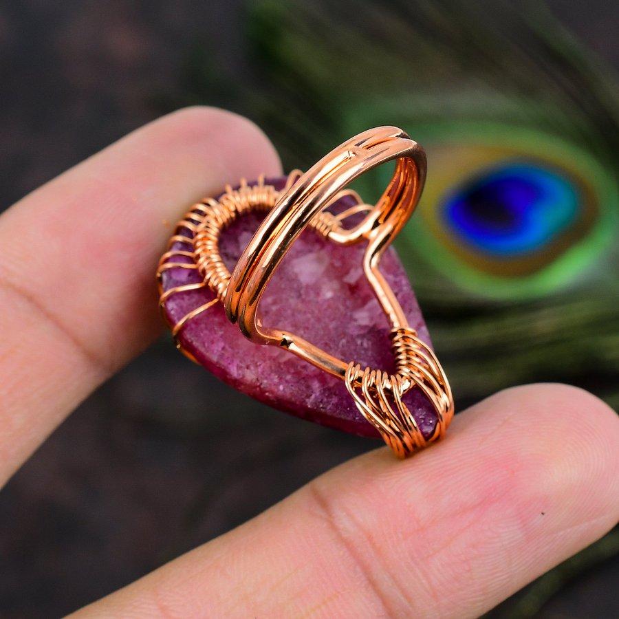Pink Solar Quartz Handmade Copper Wire Wrap Jewelry Ring Size 9.5 D5b10