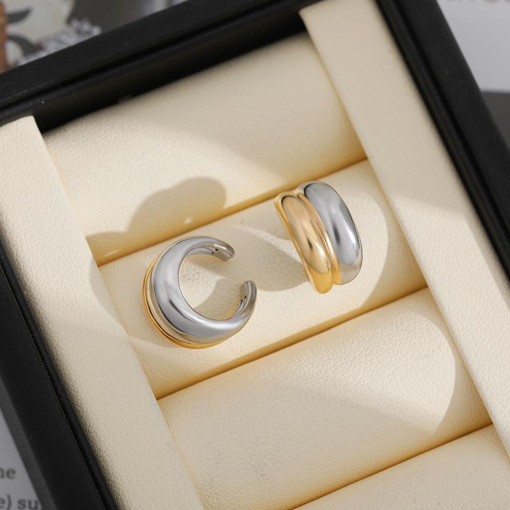 Glossy Smooth Double Layer Gold&Silver Mixed Color C-shape Clip Earrings for Women Stainless Steel No Piercing Ear Cuff Jewelry