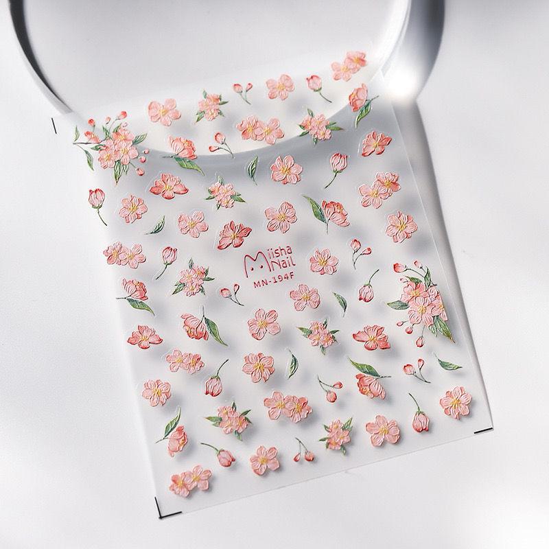 3D Embossed Cherry Blossom Nail Art Stickers - Hand-Painted Pink Floral Design 3D Oil Painting Cherry Blossom - 1 Piece