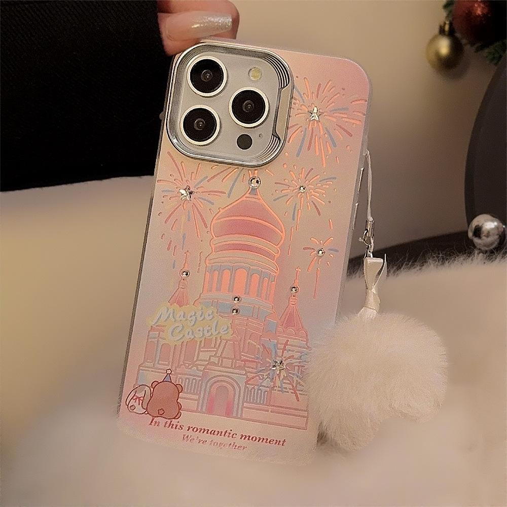 Girl Cartoon Firework Castle Suitable for IPhone15 Mobile Phone Case 13 Laser Apple 14 Promax Hair Ball Rope 16
