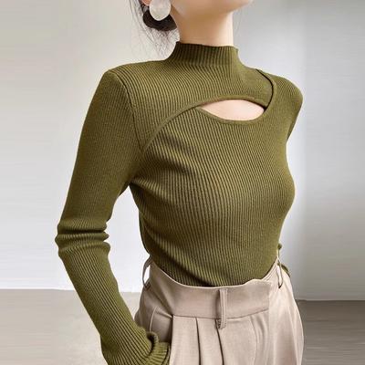 Frühling Herbst Halbpullover Langarm Slim Strickpullover Top Damen Pullover einfarbig Aushöhlung Damen Freizeitpullover
