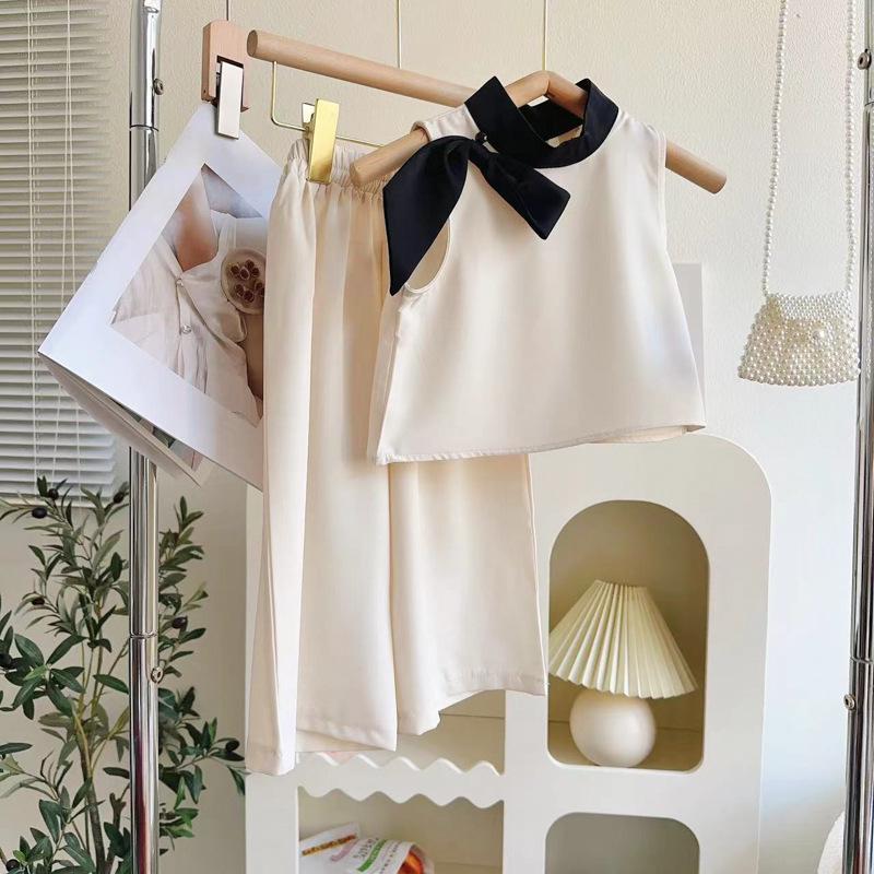 Летний модный комплект для девочек: жилет и брюки - Дизайн с бантом, Двухпредметный Size 140