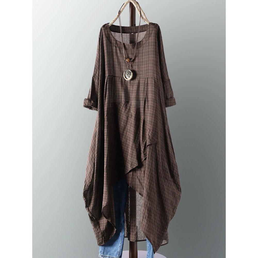 

Винтажное платье миди для женщин, женское, с длинным рукавом, клетчатое, сарафан, повседневный халат, женская одежда, летние макси-платья XXXXL кофейный