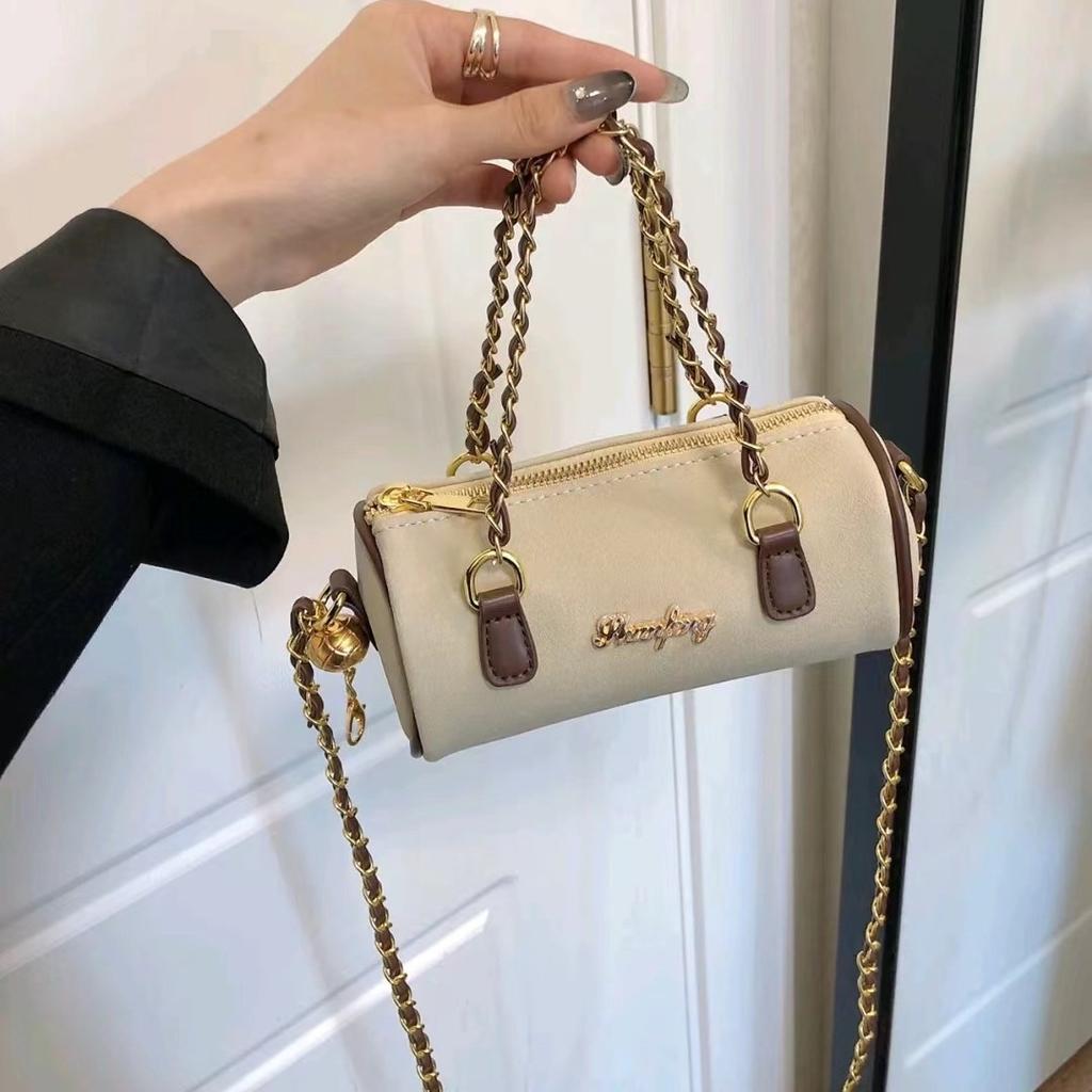 Premium Handbag designed for Women's High-end Classic Niche Diamond Chain Cylinder Bag Beige Brown Color-block Crossbody Bag