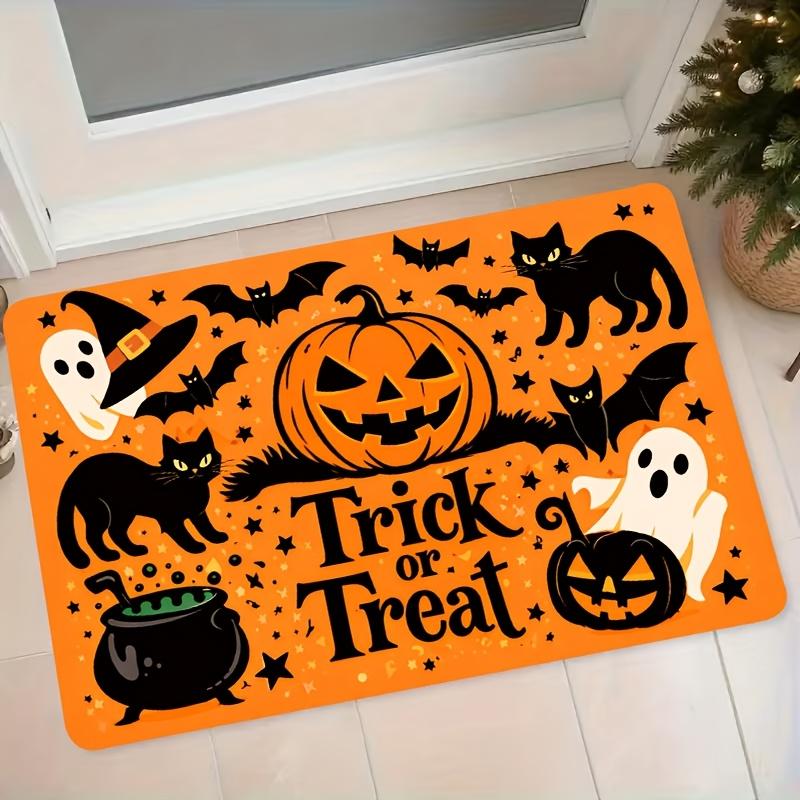 1pc Halloween Flannel Mat Pumpkin Black Cat Ghost Bat Trick Or Treat Print Entrance Door Mat Hallway Non-Slip Water-Absorbing Foot Mat Home Halloween