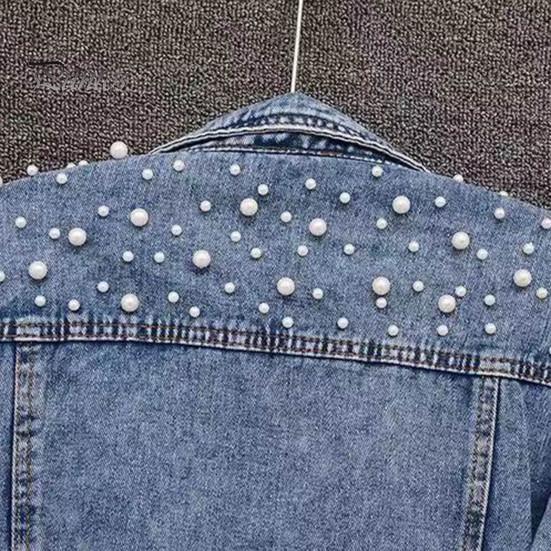 Winter Women Jacket Bead Decor Plus Size Long Sleeves Turn-down Collar Chest Pockets Button Closure Coat Short Type Casual Streetwear Denim Coats